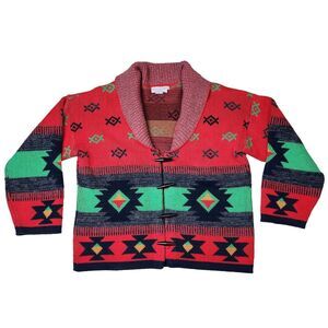 Red and Green Aztec Patterned Women's Cardigan (large)